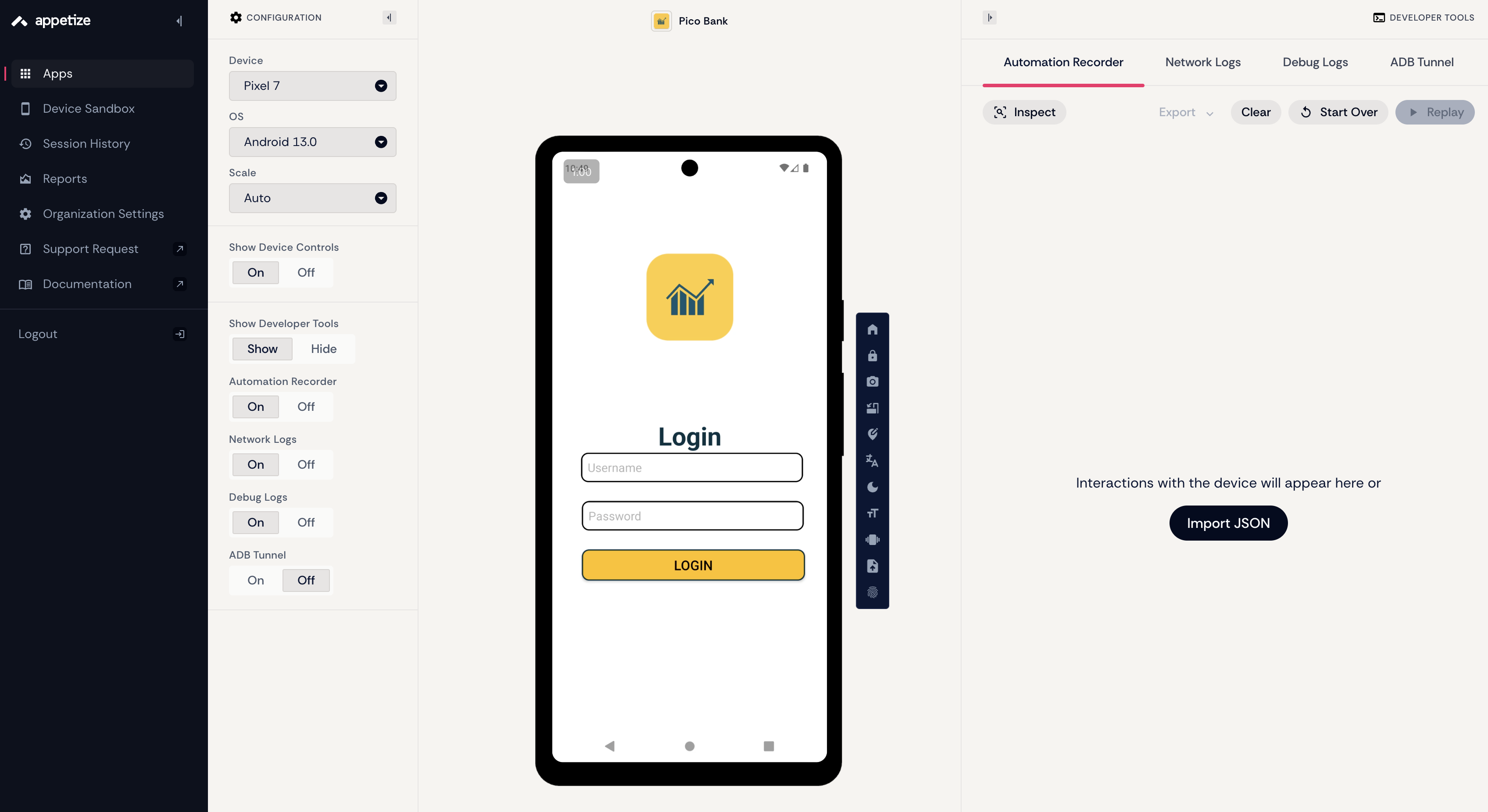 Login screen, remember to start in Debug mode to see the App’s logs