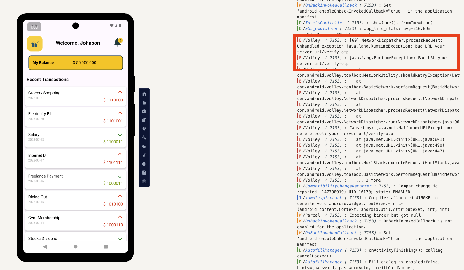 You can see the /verify_otp request in the debug logs on the right