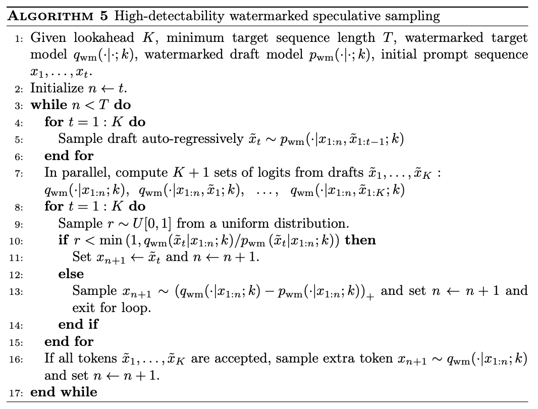 algorithm5 high-detectability watermarked speculative sampling