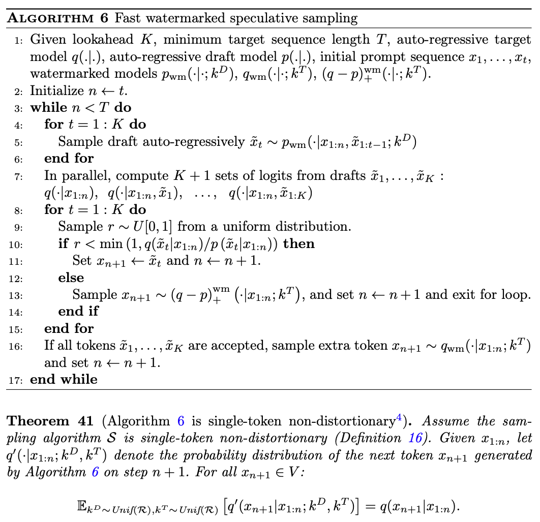 Fast watermarked speculative sampling algorithm 6