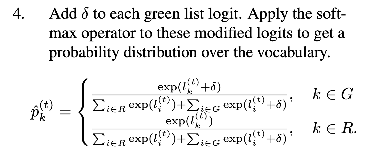 擷取自 KGW 原始論文 algorithm 2 的第四步驟可以看到修改 logits 的意思