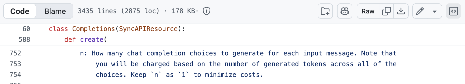 openai-python 原始碼中 create 參數 n的用途,但還是不能逐個 token 取樣,應該是因為這樣會大幅拖累 server 的 inference 速度